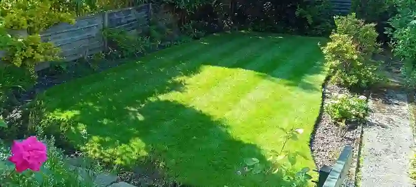 A wide striped lawn maintained by M.R. Garden Services
