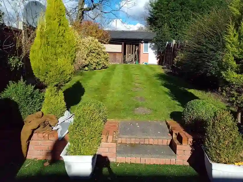 A mature landscaped garden with brick patio and shaped shrubs